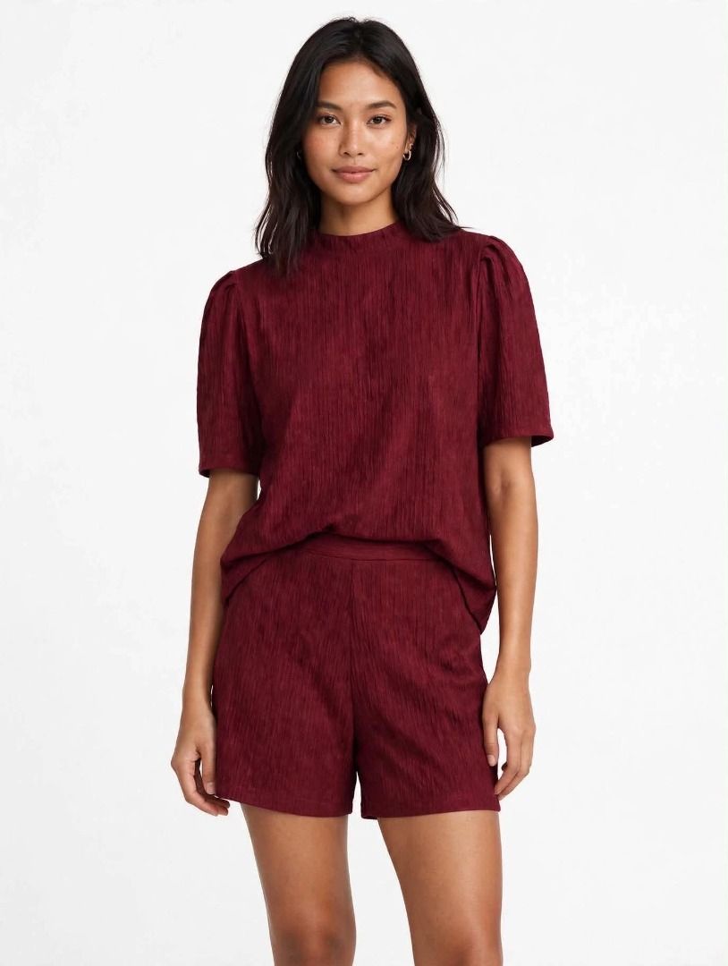 Maroon Ribbed Neck Top and Shorts Set#42 (Category: Sets or Coordinates) located in Caloocan City. Submitted by outfitloop (Listing ID 1460764872, Image 1). Description: - Cute maroon ribbed set - Top features short puff sleeves - Matching shorts have a wide leg design - Comfortable and stylish for everyday wear IMPORTANT: • 1st photo is an AI styling/model preview for reference on how the item may look when worn. • Please refer to the actual pho