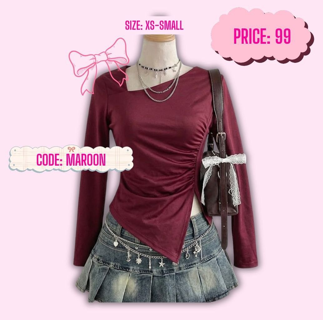 Maroon Ruched Asymmetrical Long Sleeve Top (Category: Longsleeves) located in Manila. Submitted by sylvie.114 (Listing ID 1460792781, Image 1). Description: Maroon long sleeve top with ruched detailing on the side. Asymmetrical hemline. Size XS-Small. Price 99..