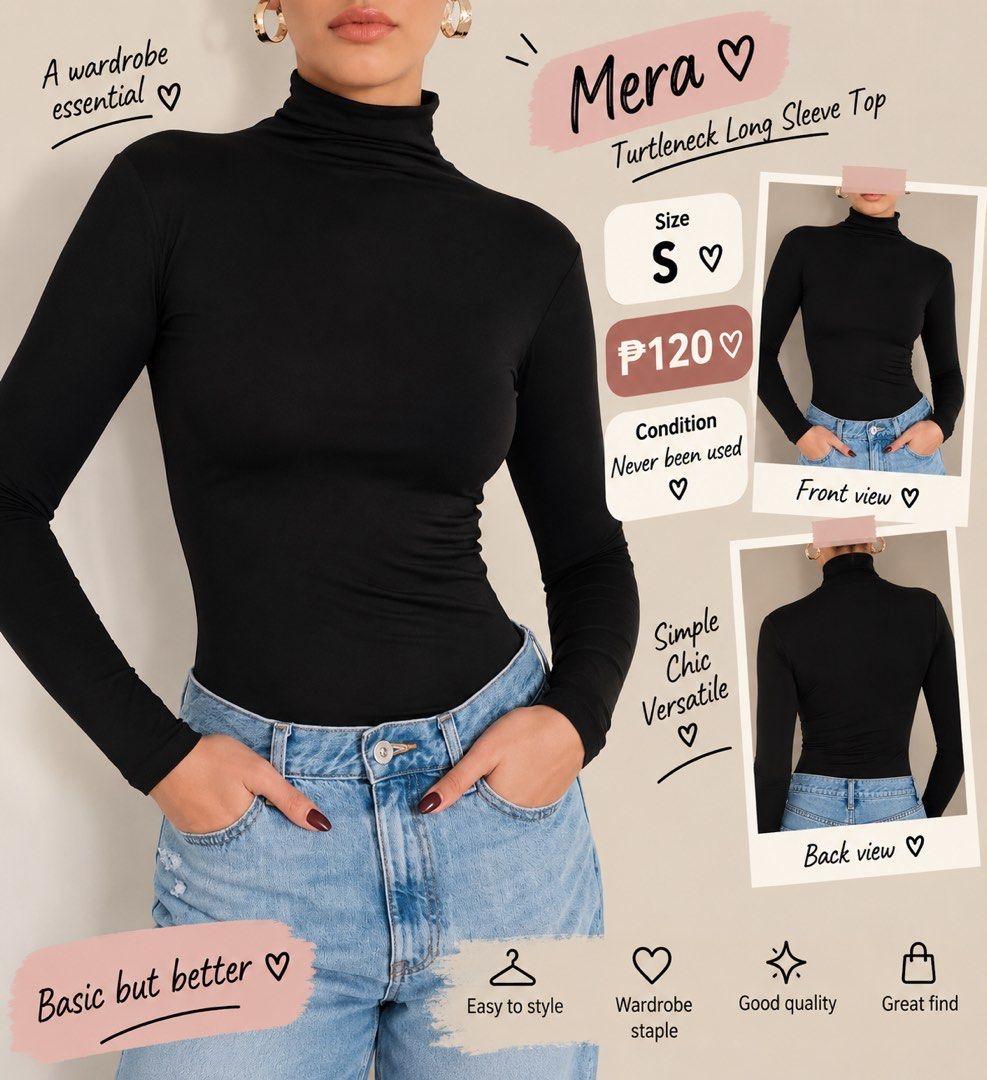 Mera Black Turtleneck Long Sleeve Top Size S (Category: Longsleeves) located in Valenzuela. Submitted by judyann29 (Listing ID 1460913675, Image 1). Description: ✨ WARDROBE RESET SALE ✨ Decluttering my closet and letting go of some preloved pieces 🫶🏻 Most are lightly used or used once! 📌 First Batch is up! Please see the photos for the size, condition, brand & price of each item. Actual photos of the items can also be sent upon request. 💌 Com