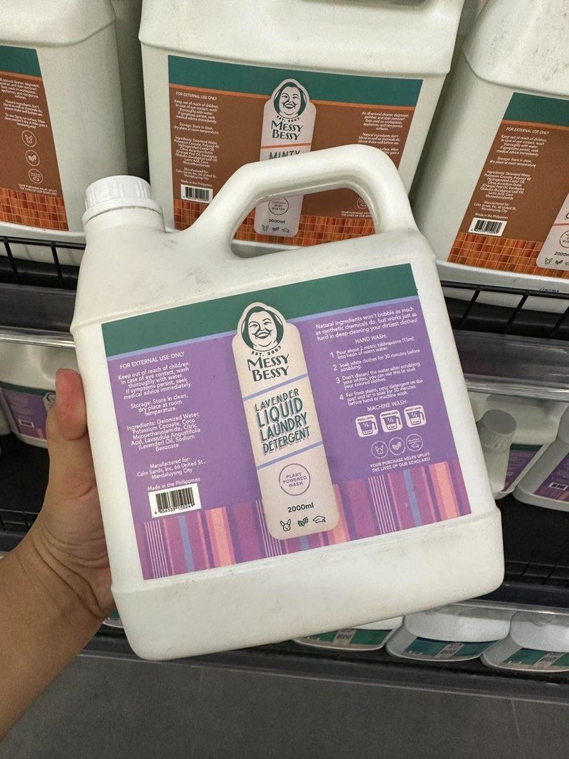 Messy Bessy Lavender Liquid Laundry Detergent 2000ml (Category: Laundry Baskets) located in Taguig. Submitted by minmin_parker (Listing ID 1460863868, Image 1). Description: - Messy Bessy Lavender Liquid Laundry Detergent - Large 2000ml bottle - Plant-powered formula: tough on dirt, gentle on clothes - Made with natural ingredients - Suitable for hand wash or machine wash - Your purchase supports scholars!.