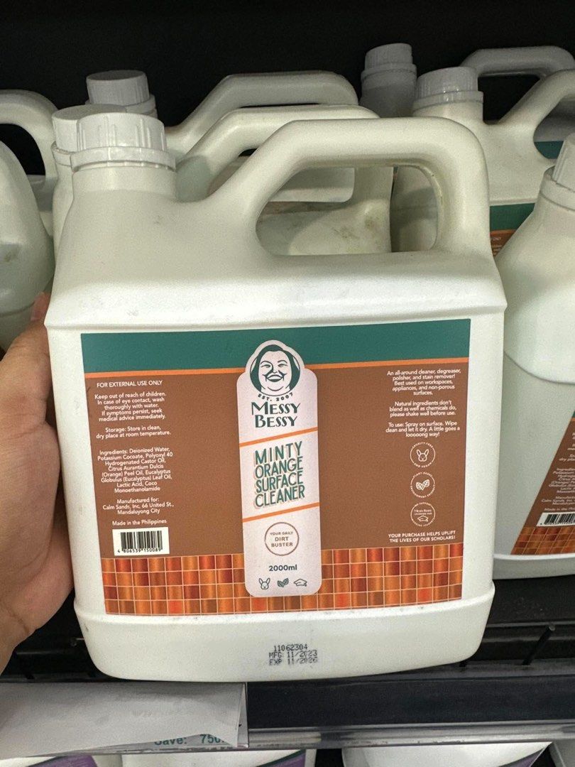 Messy BESSY Minty Orange Surface Cleaner 2000ml (Category: Laptops & Notebooks) located in Taguig. Submitted by minmin_parker (Listing ID 1460864183, Image 1). Description: - Messy BESSY Minty Orange Surface Cleaner - Large 2000ml bottle - Multi-purpose: Cleaner, degreaser, polisher, stain remover - Ideal for workspaces, appliances, and non-porous surfaces - Made with natural ingredients - Easy to use: Spray, wipe, and let dry - A little goes a l