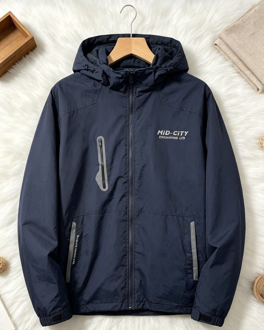 MID-CITY EXCAVATING LTD Navy Hooded Jacket (Category: Coats, Jackets and Outerwear) located in Manila. Submitted by momofunodos (Listing ID 1460836241, Image 1). Description: - Navy blue hooded jacket - Reflective details for visibility - Full zip-up front - Multiple pockets, including a zippered chest pocket - Adjustable drawstring hood and hem - Features Mid-City Excavating Ltd branding on the chest - Ideal for outdoor activities and casual wea
