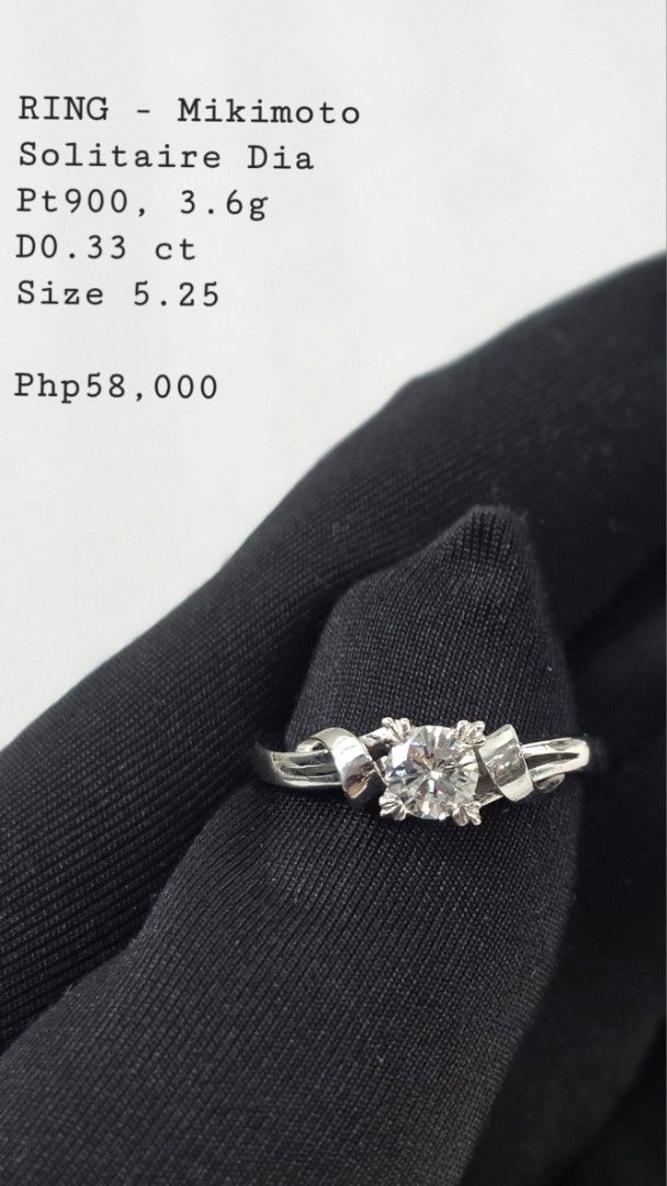 Mikimoto Pt900 Solitaire Diamond Ring (Category: Rings) located in San Fernando. Submitted by bagproject (Listing ID 1460908054, Image 1). Description: Pt900 3.6g D0.33ct Size 5.25 Php 58,000.