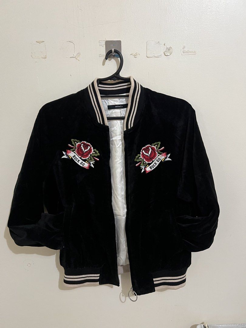 MO&Co. Black Velvet Bomber Jacket Men (Category: Coats, Jackets and Outerwear) located in San Jacinto. Submitted by rex_finds (Listing ID 1460772888, Image 2). Description: MO&Co. Velvet Varsity Jacket Women Front and back embroidery Premium Jacket Heavy duty YKK Zipper Size: Medium to Semi Large Best fit: Semi Large Dimes: 19x23 inches Arm length: 20 inches Jacket is unisex Price is negotiable Feel free to give a reasonable offer PM for more inf