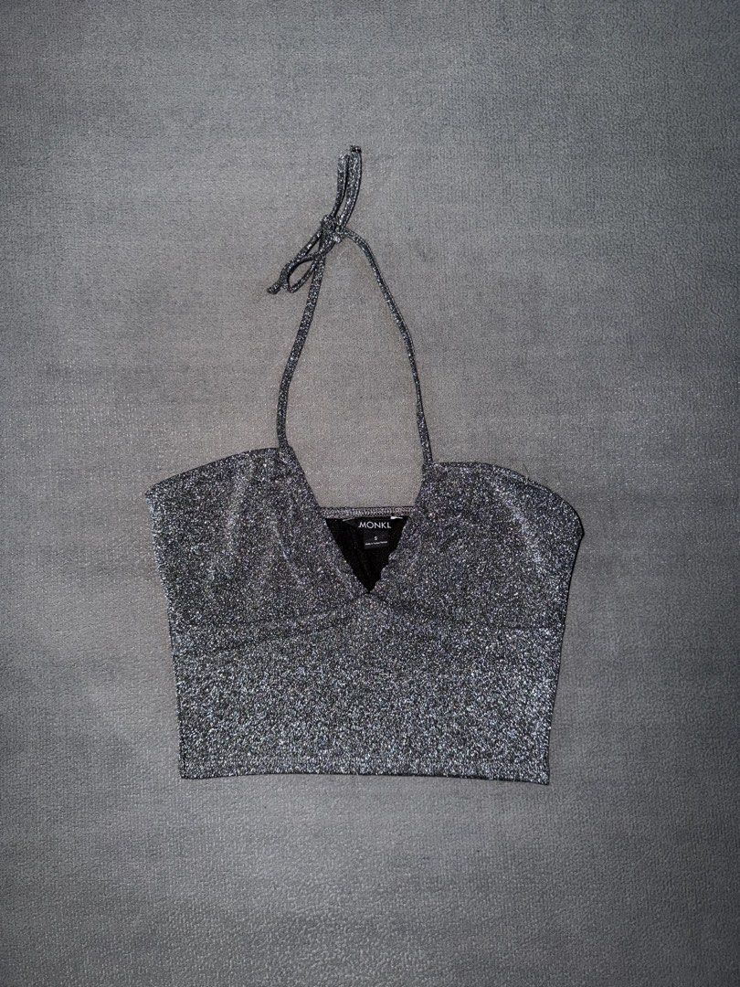 Monki Silver Glitter Halter Neck Top (Category: Sleeveless) located in Quezon City. Submitted by spicycalimaki (Listing ID 1460766084, Image 1). Description: - size S - last price posted 🏷️ zara h&m mango uniqlo cotton on urban revivo bershka pull & bear love bonito editors market shein tiktok.