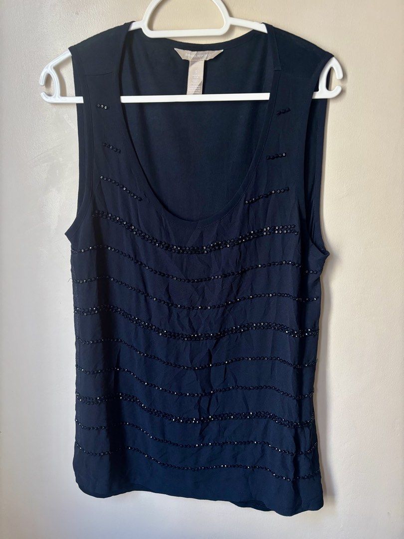 Navy Blue Sequin Embellished Sleeveless Blouse Evening Top (Category: Sleeveless) located in Cebu City. Submitted by joy_finds (Listing ID 1460772203, Image 1). Description: - can fit s-m - thrifted; NO when worn - Payment via gcash qr - Delivery via J&T; SF shoulder by buyer .