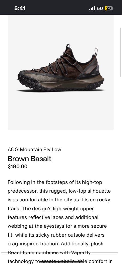 Nike ACG Mountain Fly Low Brown Basalt (Category: Sneakers) located in Manila. Submitted by royalbear-872f8c (Listing ID 1460720219, Image 1). Description: - Nike ACG Mountain Fly Low in Brown Basalt - Rugged, low-top design - Lightweight upper with reflective laces for secure fit - Sticky rubber outsole for excellent traction - React foam and Vaporfly tech for all-day comfort - Perfect for both urban exploration and trail adventures.