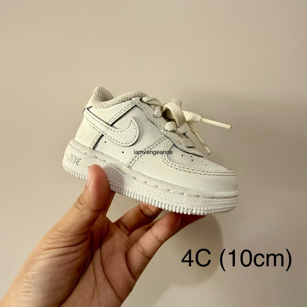Nike Air Force 1 Toddler Size 4C (10cm) (Category: Babies & Kids Fashion) located in Manila. Submitted by vengeance_10 (Listing ID 1460912809, Image 1). Description: - Brand: Nike - Model: Air Force 1 Crib Shoes - Color: White - Size: 4C (fits approximately 10cm foot length) - Style: Classic lace-up design - Ideal for: Toddlers starting to walk.
