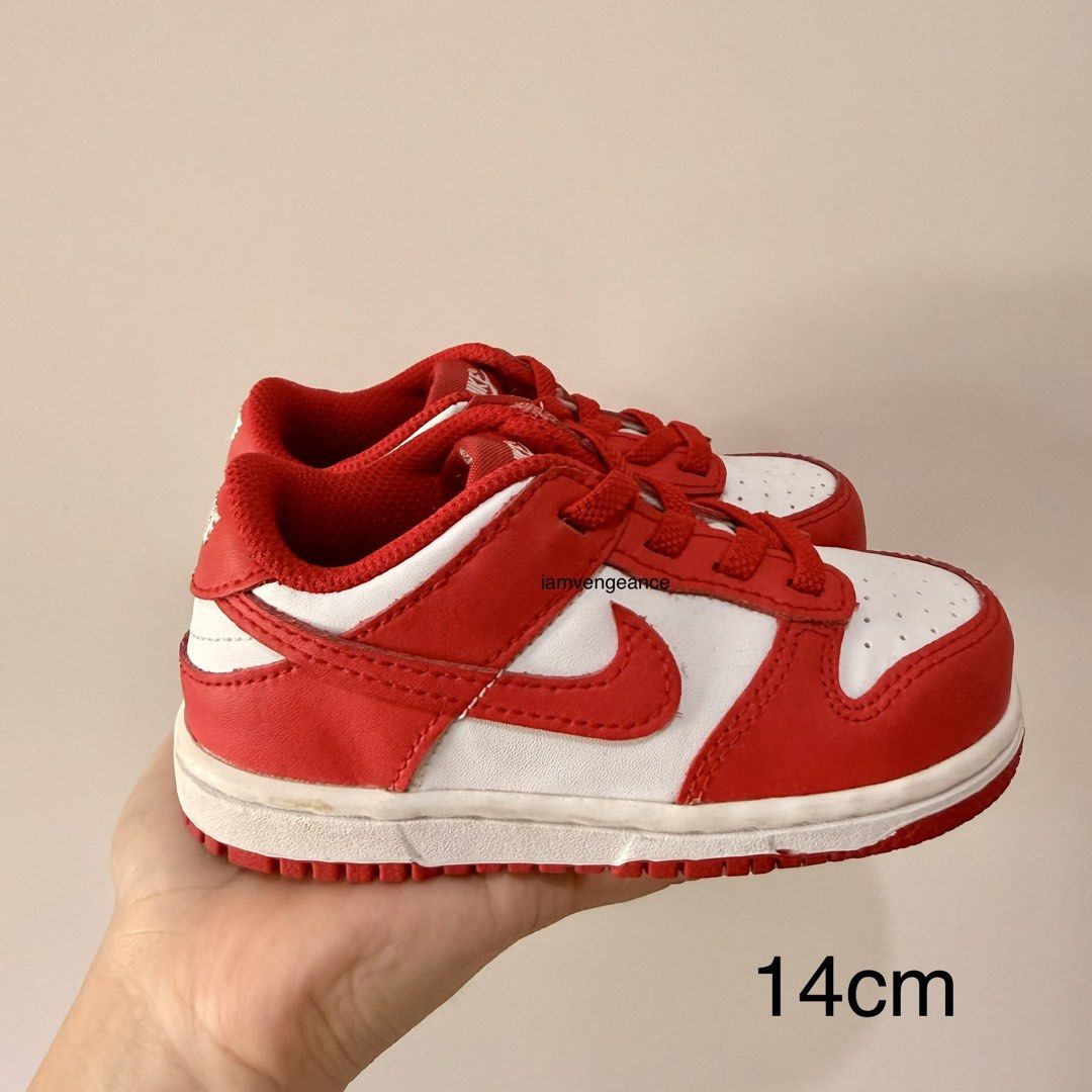 Nike Dunk Low Toddler Red White (Category: Babies & Kids Fashion) located in Manila. Submitted by vengeance_10 (Listing ID 1460914064, Image 1). Description: - Toddler Nike Dunks - Size: 14cm - Color: Red and White - Classic, versatile design - Minor scuffs on sole from normal wear - Plenty of life left for everyday play.