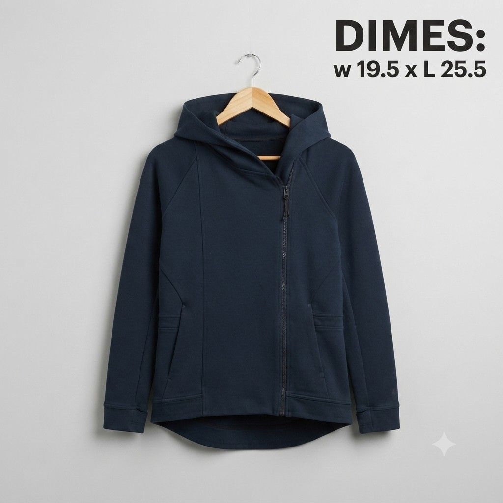 Nike Navy Blue Asymmetrical Zip Hoodie (Category: Coats, Jackets and Outerwear) located in Manila. Submitted by nnthrift_ (Listing ID 1460892984, Image 1). Description: - Navy blue zip-up hoodie - Asymmetrical zip closure - Two front pockets - Curved hemline - Comfortable and casual design - Ideal for layering - Measurements: Width 19.5 inches, Length 25.5 inches.