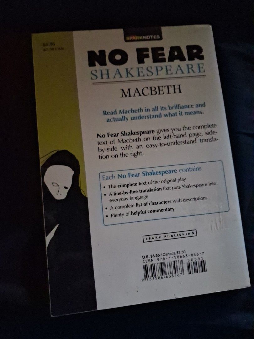 No Fear Shakespeare Macbeth Side-by-Side Plain English (Category: Storybooks) located in Manila. Submitted by c0xcomb (Listing ID 1460809839, Image 2). Description: - Slight foxing.