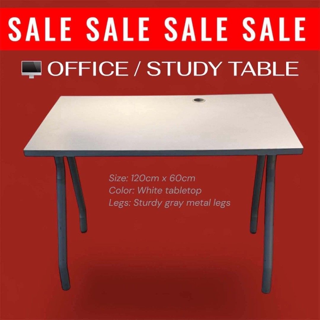 Office / Study Table - White Top, Gray Metal Legs (Category: Tables & Sets) located in Manila. Submitted by Persephone13 (Listing ID 1460766701, Image 2). Description: Minimalist White Office - Study Desk With Cable Hole ✅Good Condition ✅Heavy Duty ✅Repainted Base ✅Simple And Modern Design ✅Perfect for Home Office - Study Area - Workspace 📌Please be inform that the item is second hand so please limit your expectations thankyou 🚩Luzon Quezon Cit
