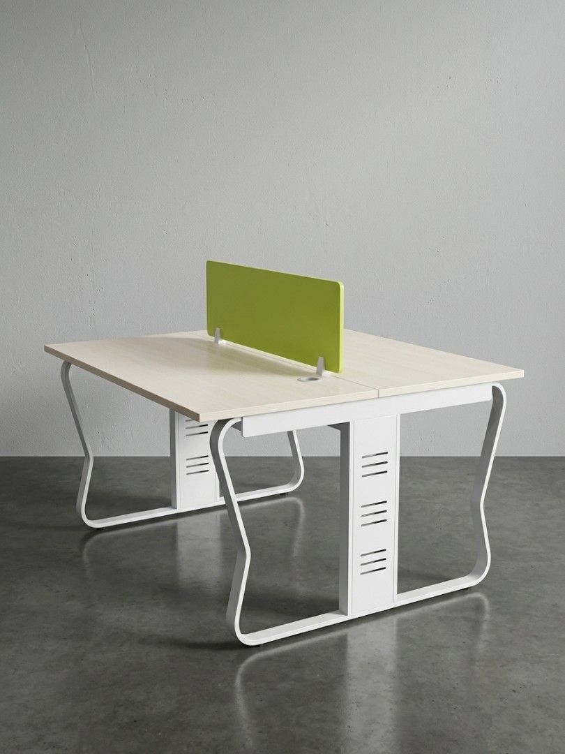 Office Workstation Desk with Green Divider (Category: Office Furniture & Fixtures) located in Manila. Submitted by Persephone13 (Listing ID 1460764827, Image 1). Description: - Sturdy office desk perfect for two people. - Light wood laminate top with clean white metal legs. - Includes a bright green divider for added privacy. - Comfortable seating for two. - Dimensions: 150cm (length) x 120cm (width). - Ideal for any home or office workspace. - A