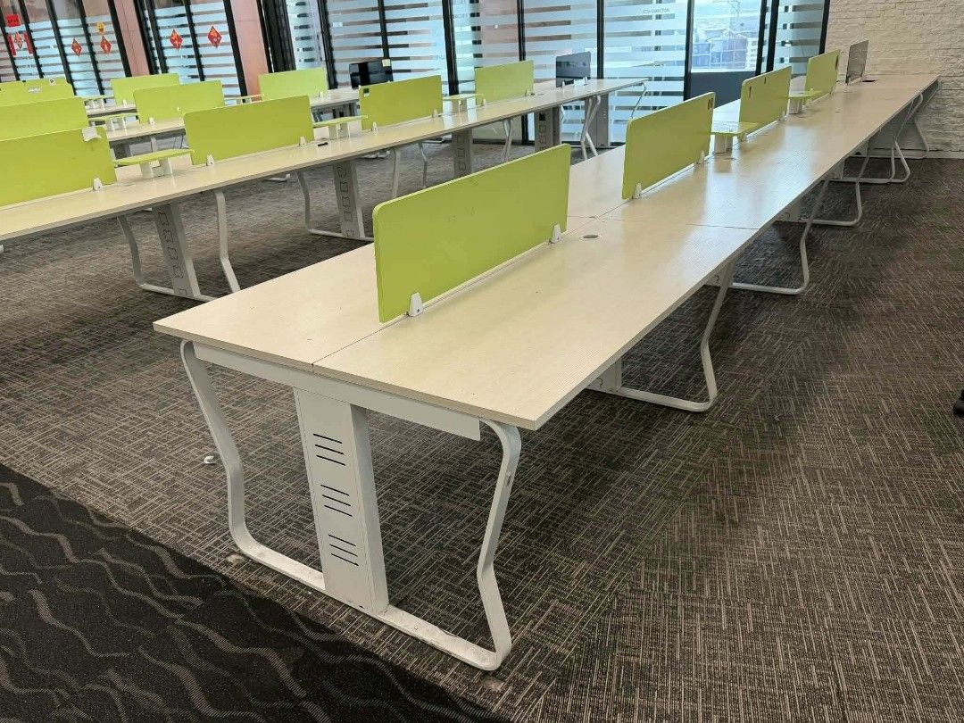 Office Workstation Desk with Green Divider (Category: Office Furniture & Fixtures) located in Manila. Submitted by Persephone13 (Listing ID 1460764827, Image 2). Description: - Sturdy office desk perfect for two people. - Light wood laminate top with clean white metal legs. - Includes a bright green divider for added privacy. - Comfortable seating for two. - Dimensions: 150cm (length) x 120cm (width). - Ideal for any home or office workspace. - A