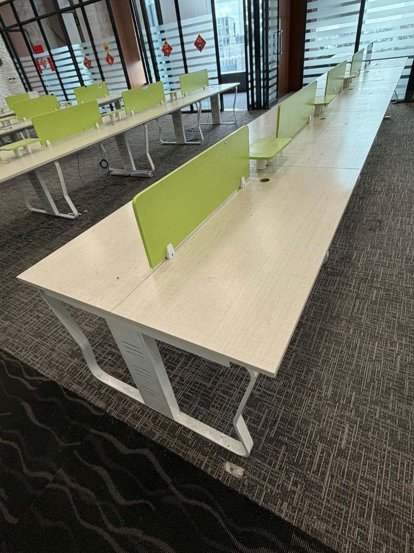 Office Workstation Desk with Green Divider (Category: Office Furniture & Fixtures) located in Manila. Submitted by Persephone13 (Listing ID 1460764827, Image 3). Description: - Sturdy office desk perfect for two people. - Light wood laminate top with clean white metal legs. - Includes a bright green divider for added privacy. - Comfortable seating for two. - Dimensions: 150cm (length) x 120cm (width). - Ideal for any home or office workspace. - A