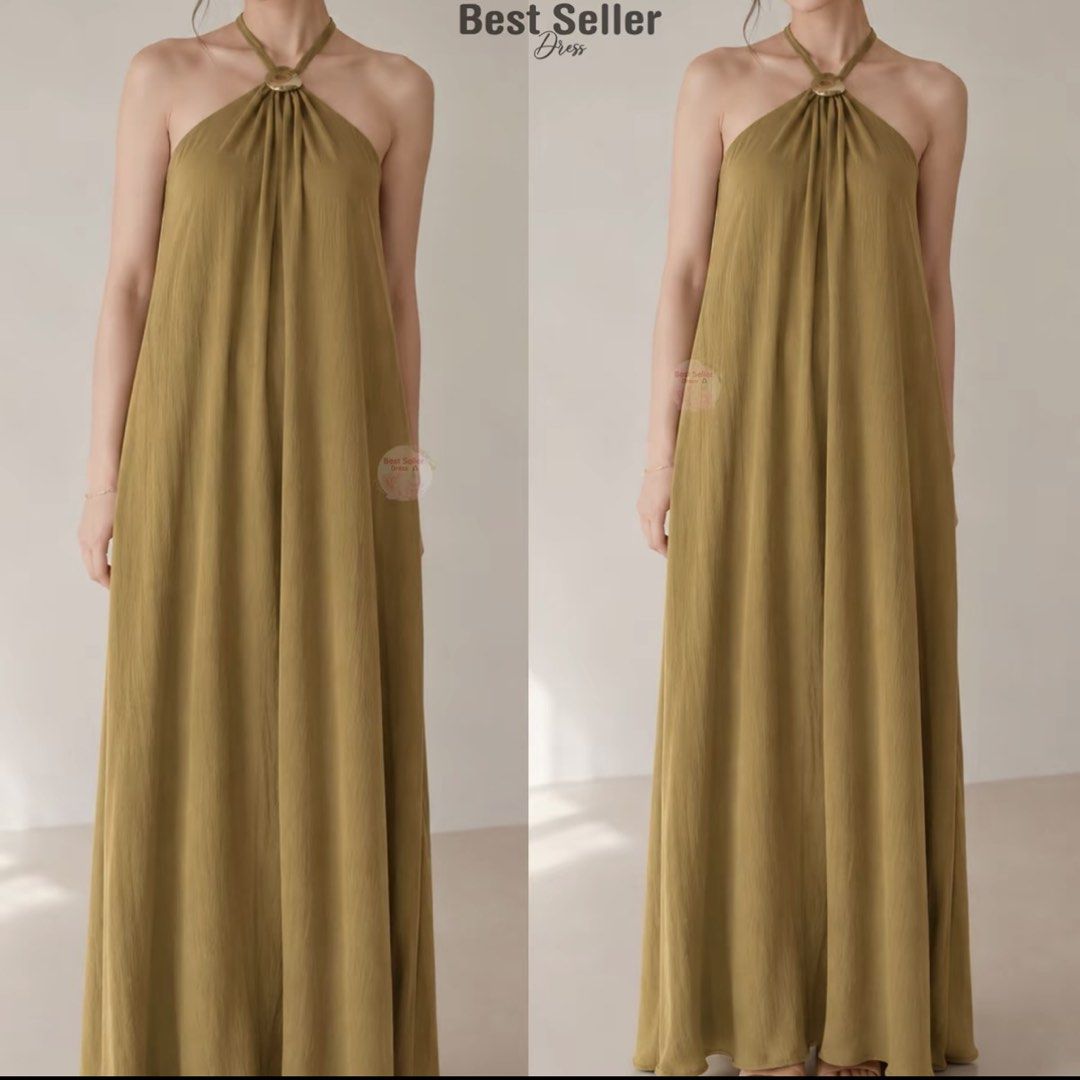 Olive Green Halter Long Dress (Category: Evening dresses & gowns) located in Pasig City. Submitted by serena.vw (Listing ID 1460910501, Image 1). Description: - brand new - size xs-s - long dress flowy - perfect for date nights.