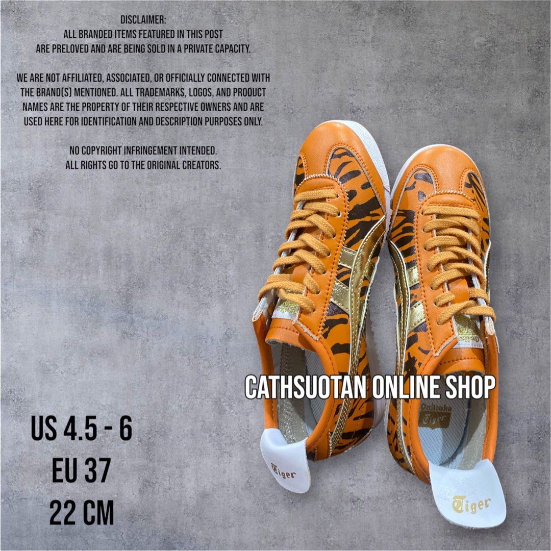 Onitsuka Tiger Mexico 66 Tiger Print (Category: Sneakers) located in Quezon City. Submitted by chinkydlr (Listing ID 1460816690, Image 2). Description: PRELOVED SHOES (WOMEN) US 4.5 - 6 / EU 37 / 22 CM Condition: —Orange and Black Tiger-Stripe Pattern and Metallic Gold —Leather —Made in Indonesia —Good condition —Minimal signs of usage 📍Please manage your expectations since this item is a preloved shoes 📍With minimal flaws and washable dirt 📍N