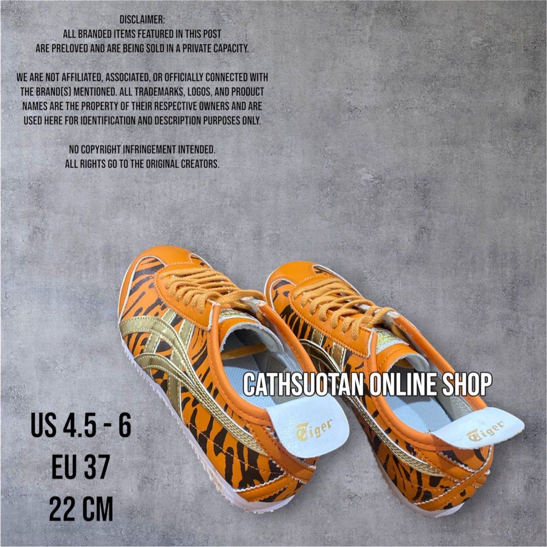 Onitsuka Tiger Mexico 66 Tiger Print (Category: Sneakers) located in Quezon City. Submitted by chinkydlr (Listing ID 1460816690, Image 3). Description: PRELOVED SHOES (WOMEN) US 4.5 - 6 / EU 37 / 22 CM Condition: —Orange and Black Tiger-Stripe Pattern and Metallic Gold —Leather —Made in Indonesia —Good condition —Minimal signs of usage 📍Please manage your expectations since this item is a preloved shoes 📍With minimal flaws and washable dirt 📍N
