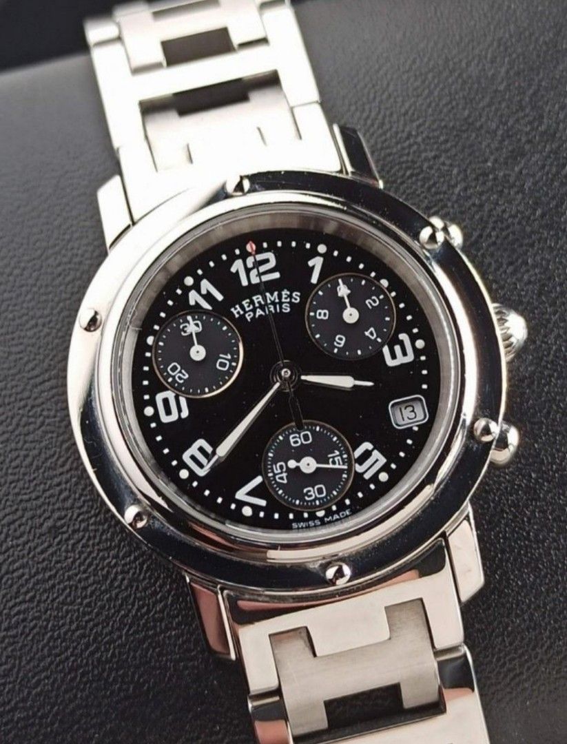 Original Hermès Clipper Chronograph (Category: Luxury Watches) located in San Juan City. Submitted by exclusivelyours (Listing ID 1460910346, Image 2). Description: Hermès Clipper Chronograph 32mm mid-size Quartz 9/10 condition Inclusions: watch, original Hermès bracelet fit to approx 6.5" wrist, presentation box & handcrafted leather pouch.