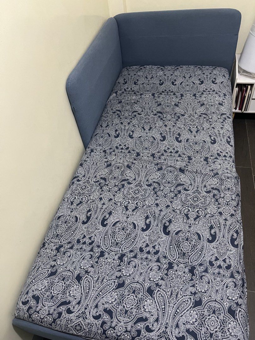 Original IKEA Bed Frame + Mattress ( 90x200) (Category: Bed Frames & Mattresses) located in Las Pinas. Submitted by akosipastor (Listing ID 1460829123, Image 2). Description: BLÅKULLEN 90×200 bed frame + ÅSVANG 90×200 mattress Bought last 2023 Bed sheet (in picture) - Freebie Minor issue - Natural yellowing in the interior foam but not visible outside RFS: Need bigger bed. For pick-up only .
