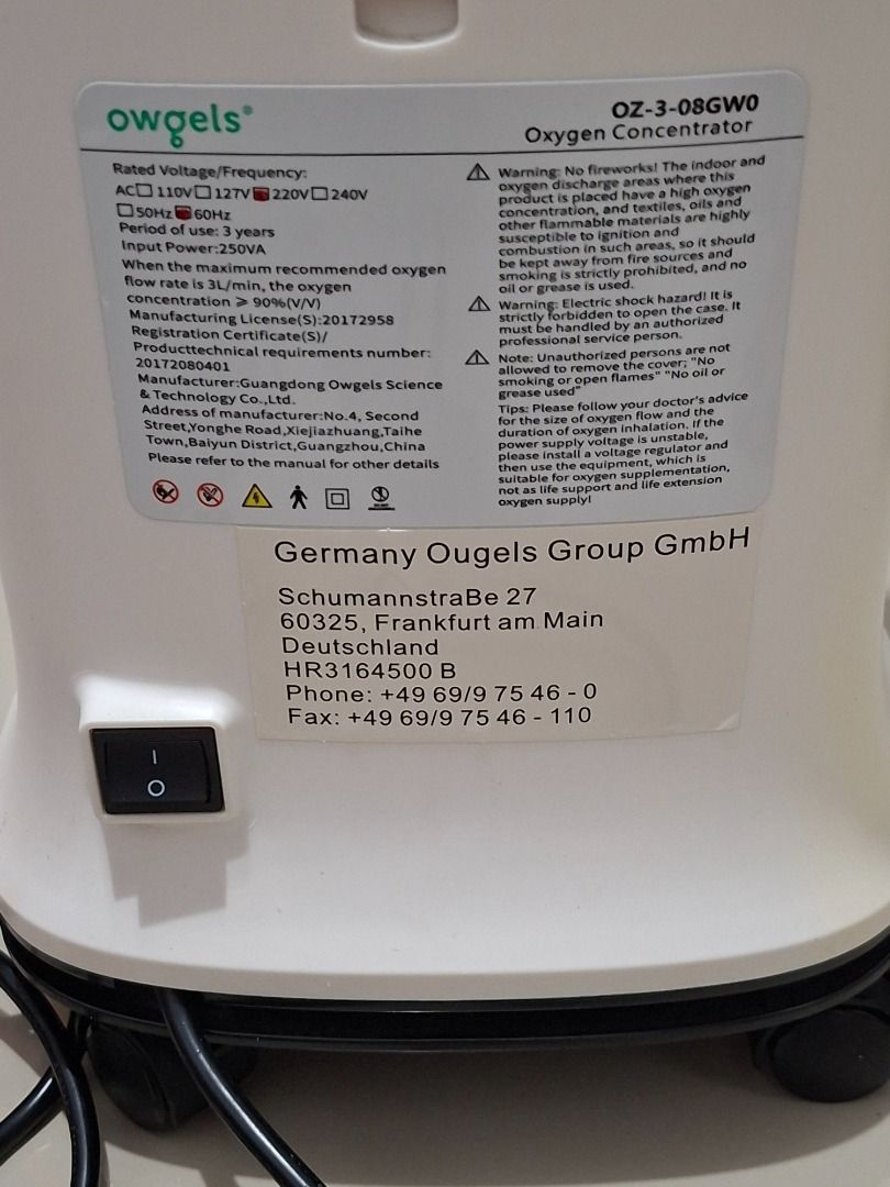 Owgels OZ-3-08GW0 Oxygen Concentrator (Category: Medical Supplies & Tools) located in Manila. Submitted by prettyche44231 (Listing ID 1460830051, Image 2). Description: - Model: Owgeks OZ-3-08GW0 Oxygen Concentrator - Rated Voltage/Frequency: AC 110V/127V/220V/240V (Versatile compatibility) - Input Power: 250VA (Energy efficient) - Max Oxygen Flow Rate: 3L/min - Oxygen Concentration: 90%(V/V) at max flow - Manufacturer: Guangdong Owgels Science &