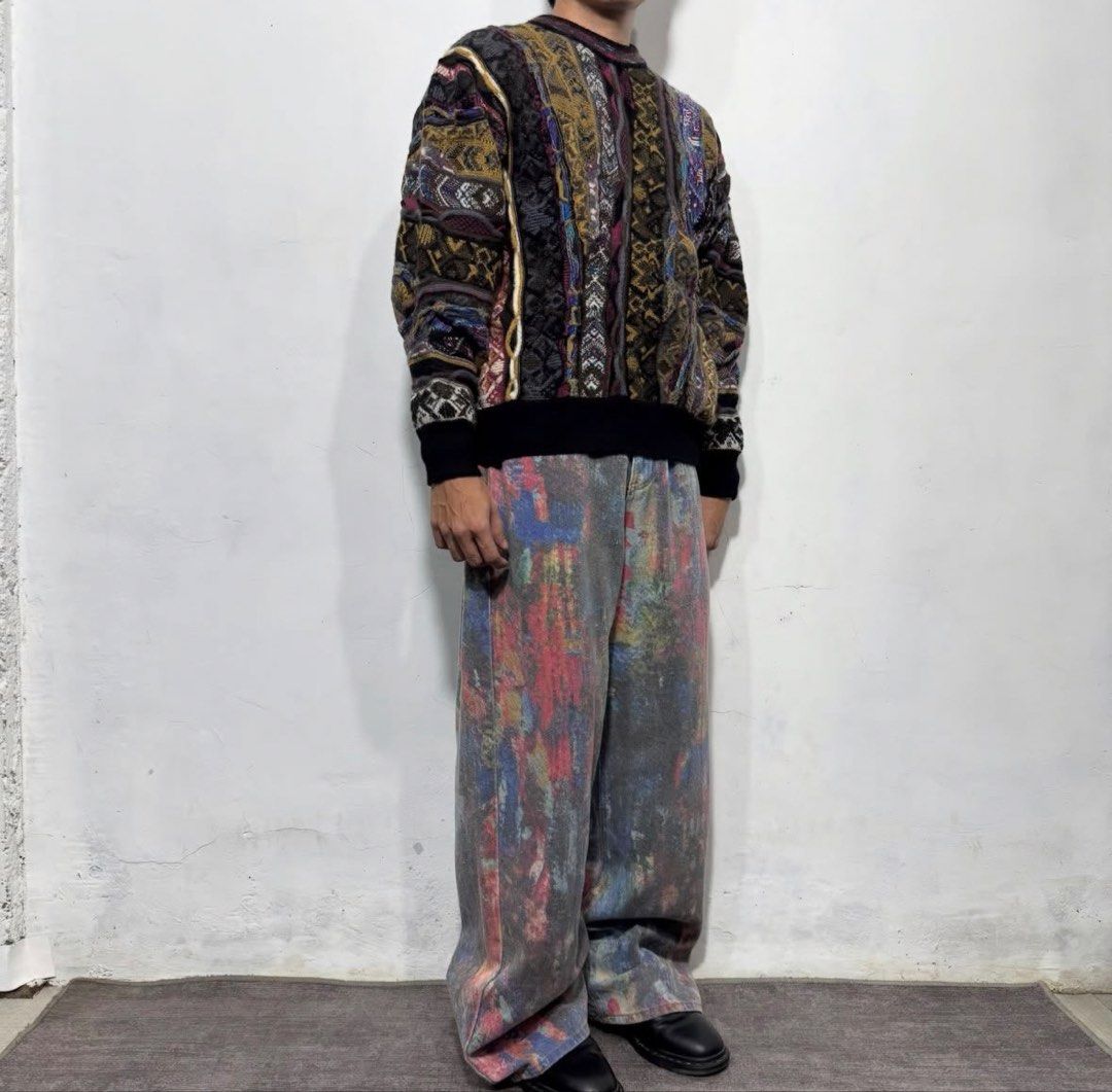 Painted design baggy pants (Category: Activewear) located in San Carlos. Submitted by used.but.not.abused. (Listing ID 1460845817, Image 3). Description: Bottom: 4CN3 STUD!0 inspired painted baggy denim pants Waist: 24-32 Length: 40.5 Thigh: 13 Hem: 11 Rise: 12 Condition: 9/10 Issue: light fade only .