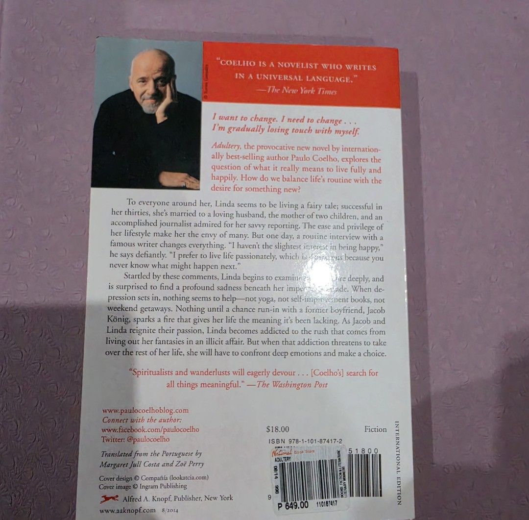 Paulo Coelho Adultery Book (Category: Storybooks) located in Manila. Submitted by armyre (Listing ID 1460863909, Image 3). Description: - Title: Adultery - Author: Paulo Coelho - Edition: International Edition.