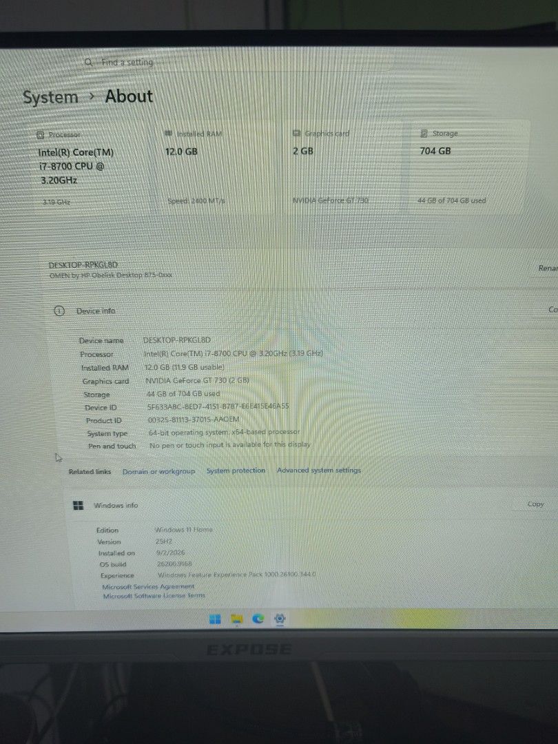 PC 2ND HAND - LIGHT GAMING OFFICE DESKTOP (Category: Desktops) located in Quezon City. Submitted by dennisalca52135 (Listing ID 1460757457, Image 3). Description: ✅ Intel Core i7-8700 (6 Cores / 12 Threads) ✅ 12GB HYPERX FURY DDR4 RAM (8GB- 4GB) ✅ NVIDIA GeForce GT 730 2GB ✅ 256GB KINGSTON NVMe SSD ✅ SEAGATE 500GB HDD ✅ HP 500W 80+ Bronze PSU ✅ Windows 11 Home.