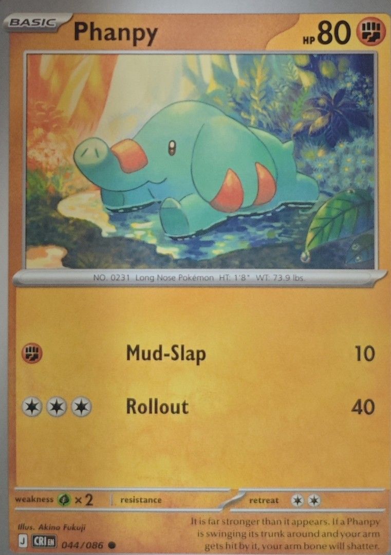Phanpy Pokemon Card - Basic, 80 HP (Category: Raw Singles) located in Las Pinas. Submitted by funtoys18 (Listing ID 1460735206, Image 1). Description: - Phanpy Pokemon Card - Set: 044/086 - HP: 80 - Attacks: - Mud-Slap: 10 damage - Rollout: 40 damage - Weakness: Grass x2 - Artist: Akino Fukuji.