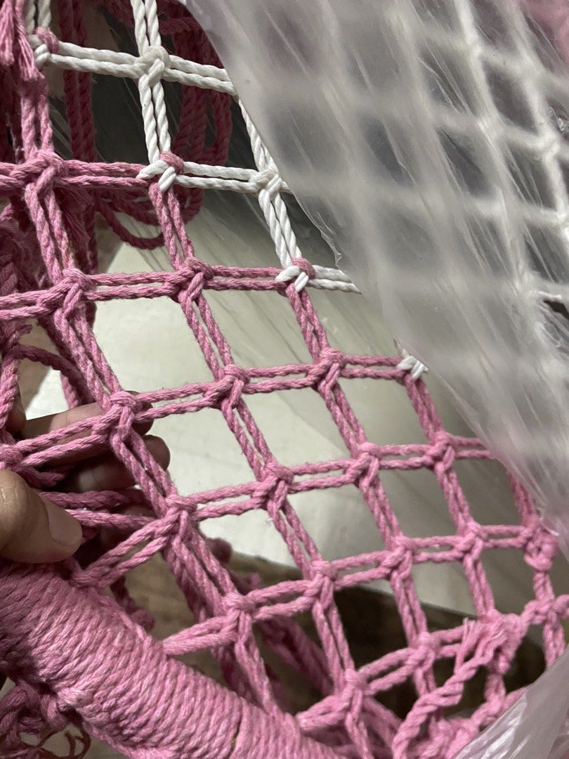 Pink and White Woven Hammock (Category: Cots & Cribs) located in Caloocan City. Submitted by shirrbells (Listing ID 1460885196, Image 2). Description: - Durable woven hammock with pink and white cords. - Masinsin - Once lang nagamit - Natambak lang linis lang po.