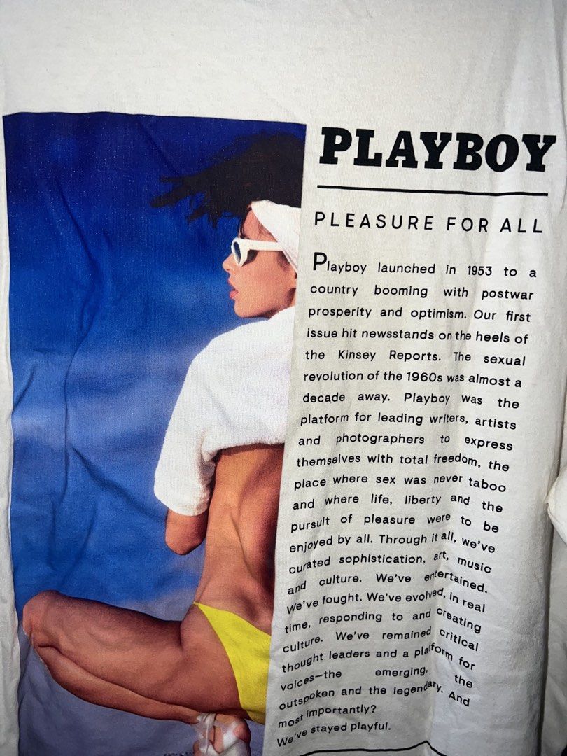 Playboy Graphic T-Shirt White Size M (Category: Tshirts & Polo Shirts ) located in Manila. Submitted by asa68984 (Listing ID 1460881476, Image 1). Description: - White Playboy graphic t-shirt - Tagged size Medium (M) - Large graphic on the back detailing brand history - Small yellow Playboy bunny logo on the front chest - Ideal for everyday casual wear.