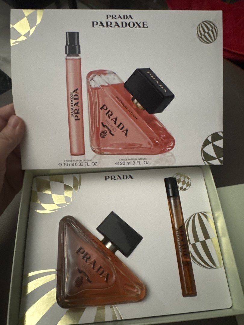 Prada Paradoxe Intense Eau de Parfum Set (Category: Fragrance & Deodorants) located in Manila. Submitted by stoic_shopaholic (Listing ID 1460810332, Image 2). Description: - Authentic Prada Paradoxe Intense Eau de Parfum Set - Set includes a 90ml bottle and a 10ml travel spray - Iconic Prada triangle bottle design - Perfect for gifting or personal use - Experience the captivating intense fragrance RFS Received as a gift, already have my personal 