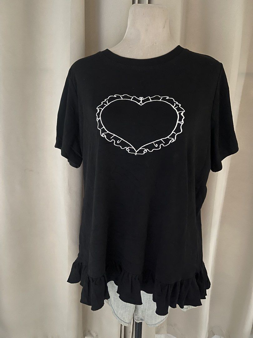 premium heart tee XL (Category: Shirts) located in Cainta. Submitted by zlove111 (Listing ID 1460731257, Image 1). Description: - Black t-shirt - Cute white heart outline with ruffled edge on front - Ruffled hem at the bottom - Short sleeves - Comfortable and stylish design - Ideal for casual wear cotton embroid details xl super nice!!!! .