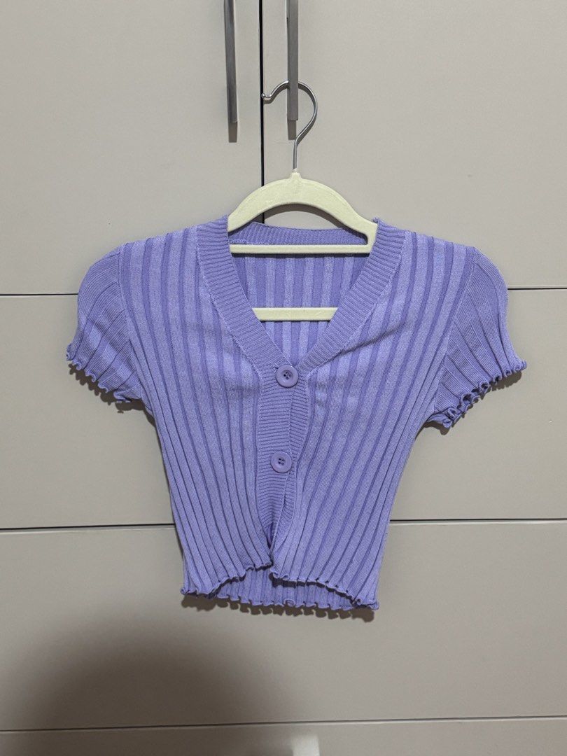 Purple Ribbed Button-Up Cropped Top (Category: Coats, Jackets and Outerwear) located in Antipolo. Submitted by nyeahsells (Listing ID 1460787308, Image 1). Description: Pre-loved Size: S Color: Purple Flaw: None RFS: decluttering Swipe photos to see more details about the item. Disclaimer: - All sales final (NO RETURN, NO EXCHANGE) - Our shop will not be liable for any damages due to mishandling by the courier - Please manage expectations - First