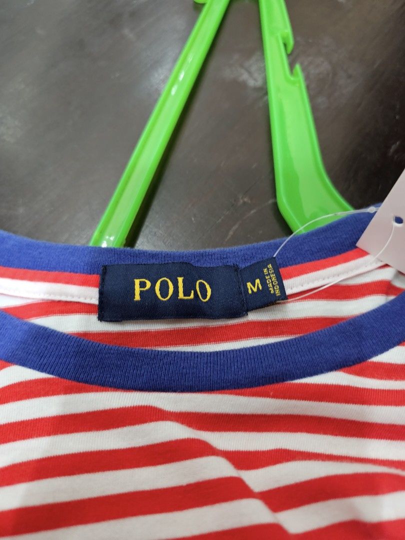 Ralph Lauren Tshirt (Category: Tshirts & Polo Shirts ) located in Baguio. Submitted by kayeonlineshop (Listing ID 1460789416, Image 3). Description: -red-and-white horizontal striped short-sleeve t-shirt featuring a contrasting blue collar trim and the signature embroidered pony logo from Polo Ralph Lauren. -measurements included in the photos.
