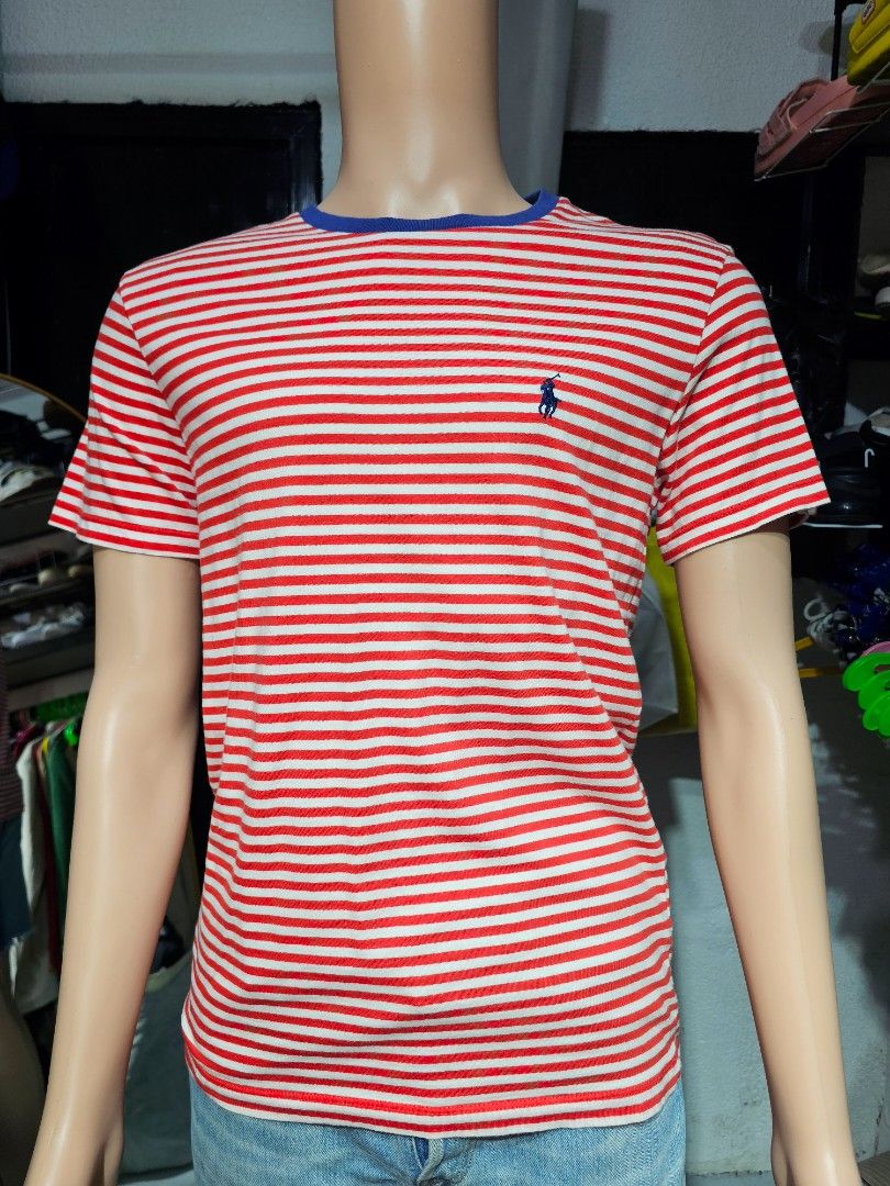 Ralph Lauren Tshirt (Category: Tshirts & Polo Shirts ) located in Baguio. Submitted by kayeonlineshop (Listing ID 1460789416, Image 2). Description: -red-and-white horizontal striped short-sleeve t-shirt featuring a contrasting blue collar trim and the signature embroidered pony logo from Polo Ralph Lauren. -measurements included in the photos.