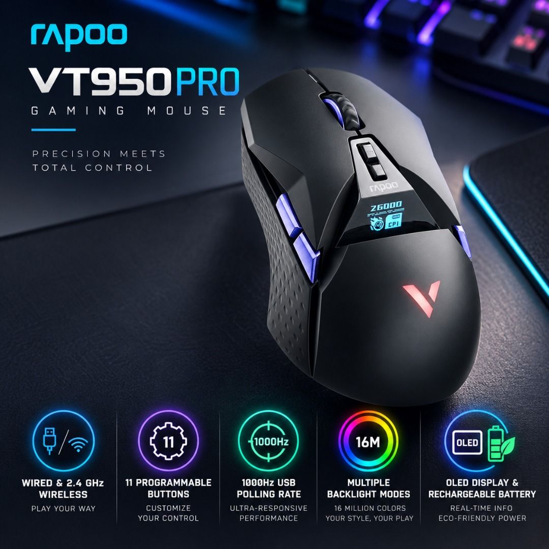 Rapoo VT950PRO Wireless Gaming Mouse (Category: Mouse & Mousepads) located in Caloocan City. Submitted by oddcrystal.98802f (Listing ID 1460829171, Image 1). Description: Selling my Rapoo Gaming Mouse, still brand new and never used. Bought it with plans to use it, but it ended up staying safely in the box. 😅 Complete with original box, wireless receiver, cable, and all accessories. Everything is in excellent, ready-to-use condition. For gamers 
