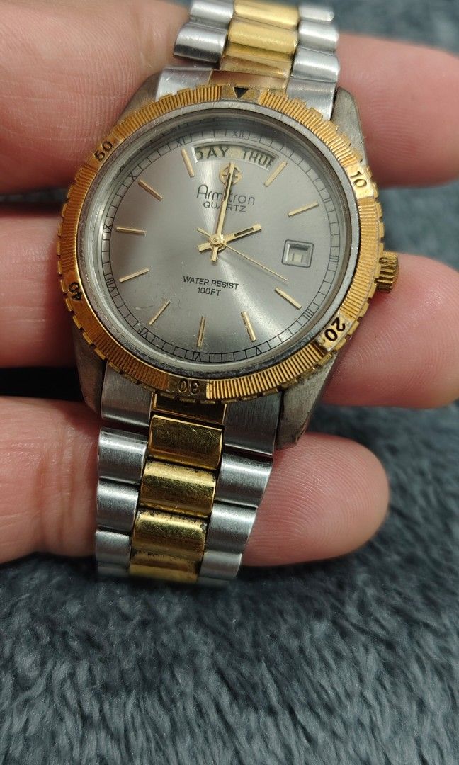 Rare Vintage Amitron President (Category: Men's Watches) located in Cebu City. Submitted by aceoftime (Listing ID 1460908379, Image 1). Description: Im good condition Japanese analog quartz with presidential configuration day-date display Beautifu fluted bezel details Silver sunburst dial with gold accent indices Watch only Our Guarantee: 💯 Authentic All watches are checked by our experienced technician to ensure good functionality Please manage