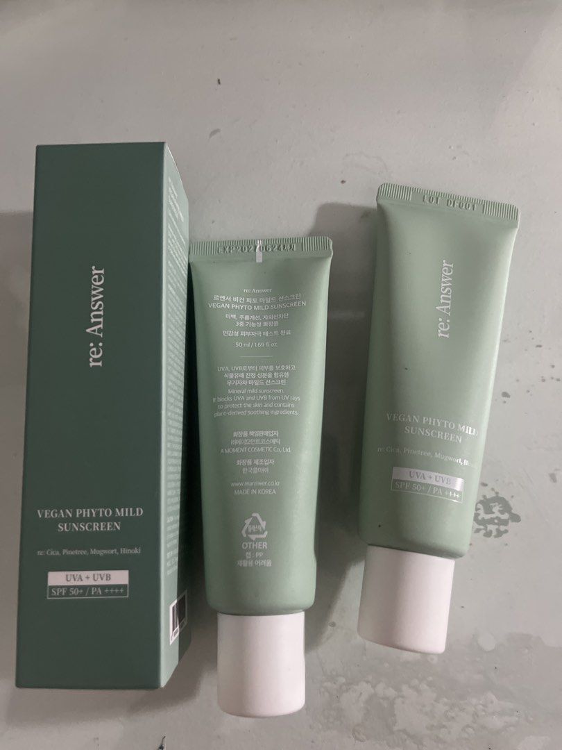 re: Answer Vegan Phyto Mild Sunscreen SPF 50+ PA++++ (Category: Face Care) located in Manila. Submitted by newshark_db9669 (Listing ID 1460861386, Image 1). Description: - Mineral sunscreen for UVA/UVB protection - Contains plant-derived soothing ingredients - Dermatologically tested, good for sensitive skin - 50ml tube - Made in Korea bought in korea ( olive young) 550 for 1 1500 for 3.