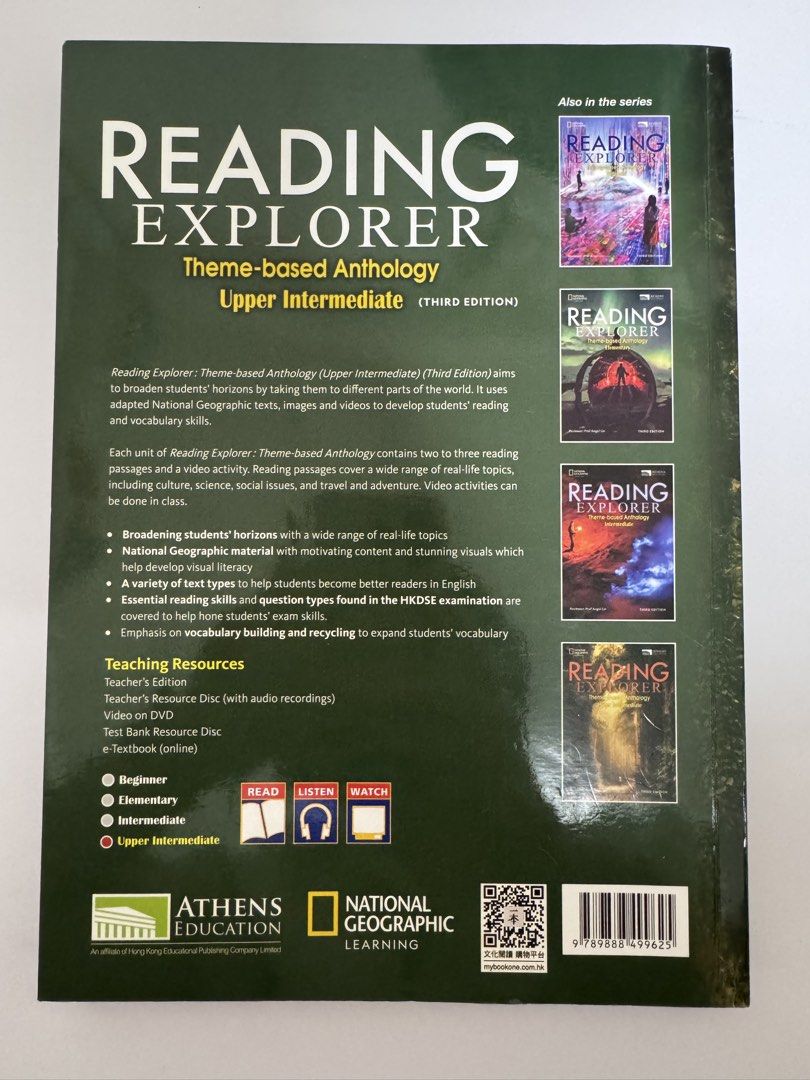 Reading Explorer Upper Intermediate 第三版 （分類：教科書）位於 Hong Kong。 由 cindyeveasa 提交（商品編號 1460835728，圖片 2）。簡介： 有30来页有笔迹，可联系我拍图看看再买。National Geographic Learning 出嘅 Reading Explorer 上級讀本，第三版。呢本書主題式學習，有好多唔同題材嘅文章，仲有好多圖同埋影片。適合想提升英文閱讀同埋詞彙嘅朋友。。