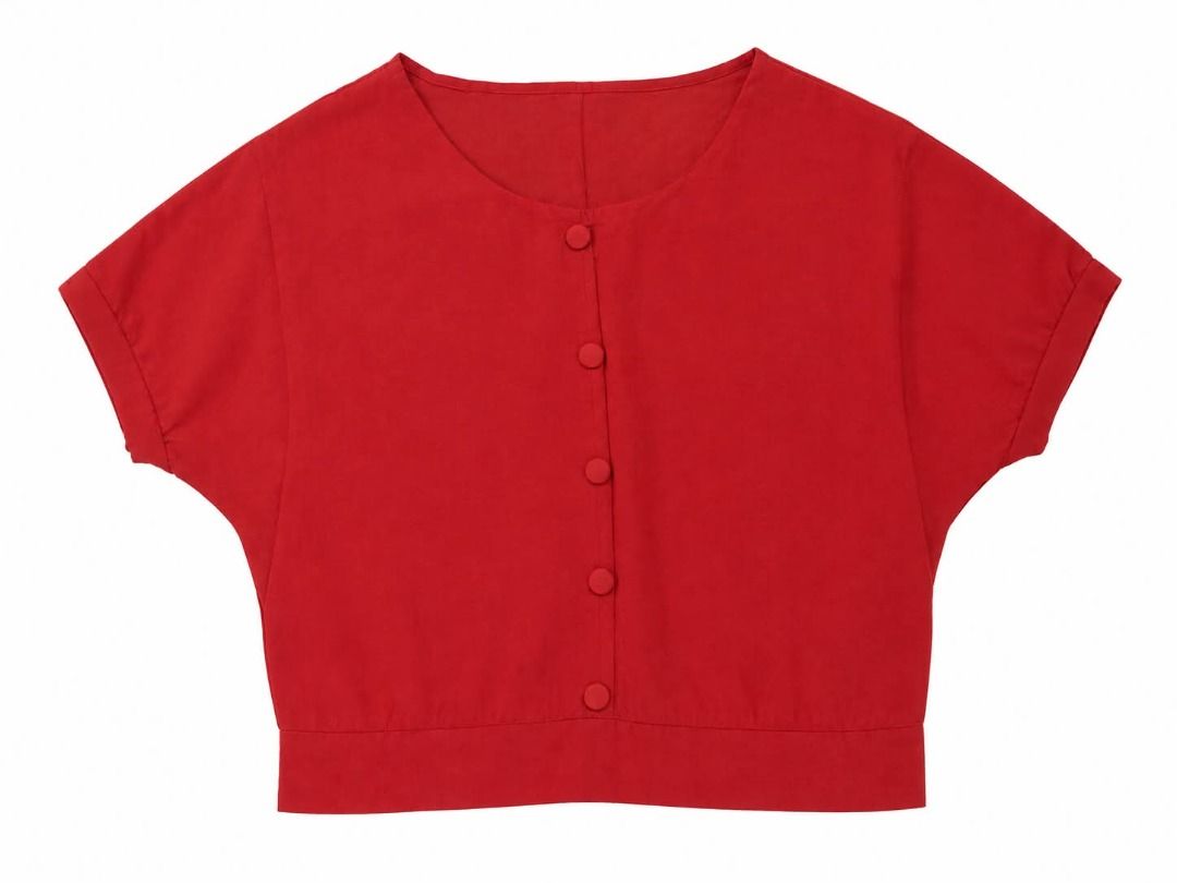 Red Button Up Cropped Top#43 (Category: Blouses) located in Caloocan City. Submitted by outfitloop (Listing ID 1460765841, Image 2). Description: - Cute red cropped top - Short sleeves with rolled cuffs - Button-up front closure IMPORTANT: • 1st photo is an AI styling/model preview for reference on how the item may look when worn. • Please refer to the actual photos for the item’s true appearance and condition. • Color may slightly vary due to li