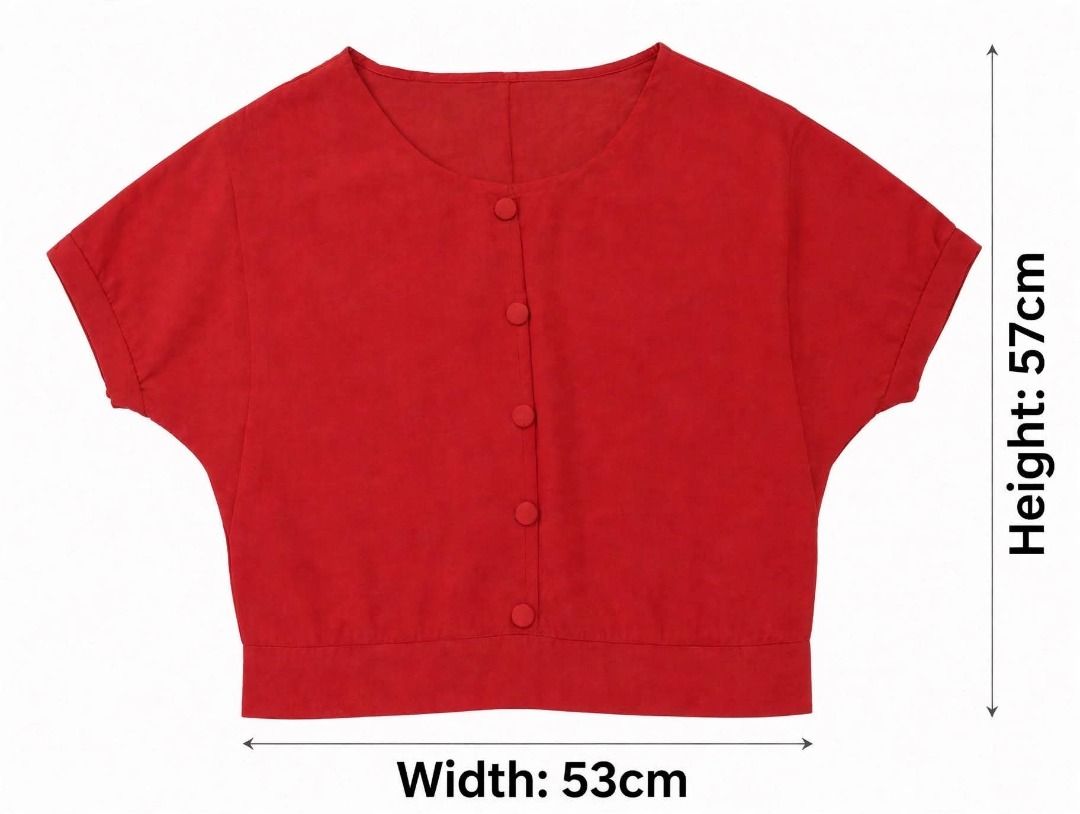 Red Button Up Cropped Top#43 (Category: Blouses) located in Caloocan City. Submitted by outfitloop (Listing ID 1460765841, Image 3). Description: - Cute red cropped top - Short sleeves with rolled cuffs - Button-up front closure IMPORTANT: • 1st photo is an AI styling/model preview for reference on how the item may look when worn. • Please refer to the actual photos for the item’s true appearance and condition. • Color may slightly vary due to li