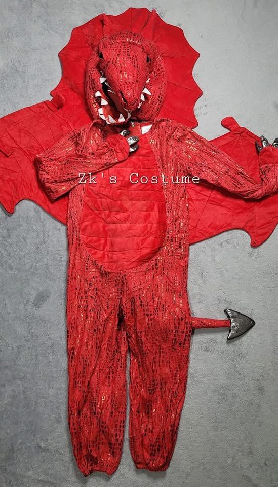 Red Dragon Costume with Wings and Tail (Category: Babies & Kids Fashion) located in Pasig City. Submitted by genyzk (Listing ID 1460812565, Image 1). Description: - Full-body red dragon costume - Attached wings and tail - Textured, scaly fabric - Dragon head hood with teeth - Ideal for dress-up and Halloween parties.