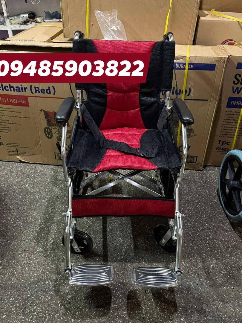 Red Foldable Wheelchair (Model: LABJ-46) (Category: Wheelchairs) located in Manila. Submitted by brightflower_273879 (Listing ID 1460727835, Image 1). Description: - Red foldable wheelchair (Model LABJ-46) - Features a soft cushion seat and backrest for comfort - Padded armrests for added support - Adjustable footrests for personalized fit - Easily folds for convenient storage and transport - Provides excellent mobility assistance.