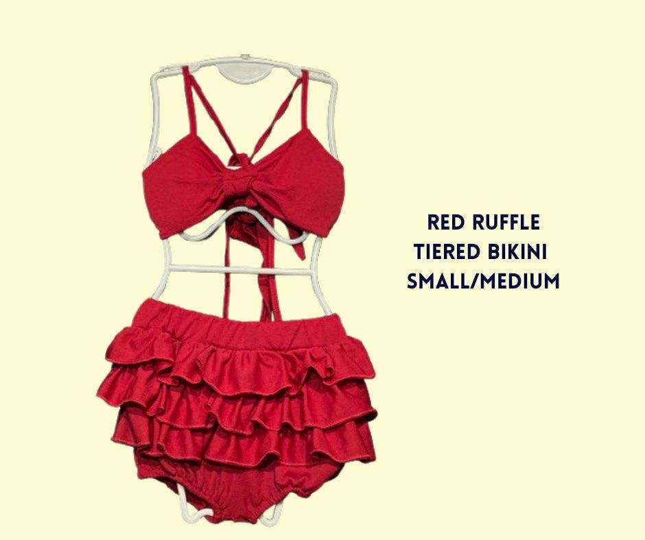 RED RUFFLE TIERED BIKINI SMALL/MEDIUM (Category: Bikinis & Swimsuits) located in Manila. Submitted by bybangii (Listing ID 1460918440, Image 1). Description: - BRAND NEW.