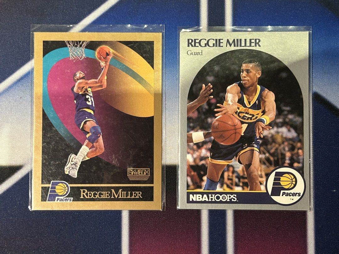 Reggie Miller Skybox & NBA Hoops Cards (Category: Raw Singles) located in Iloilo. Submitted by jackpot.treasures (Listing ID 1460724879, Image 1). Description: - Two Reggie Miller basketball cards - Includes one Skybox card - Includes one NBA Hoops card - Both cards show Reggie Miller in his Indiana Pacers uniform - Excellent additions for any basketball card collector.