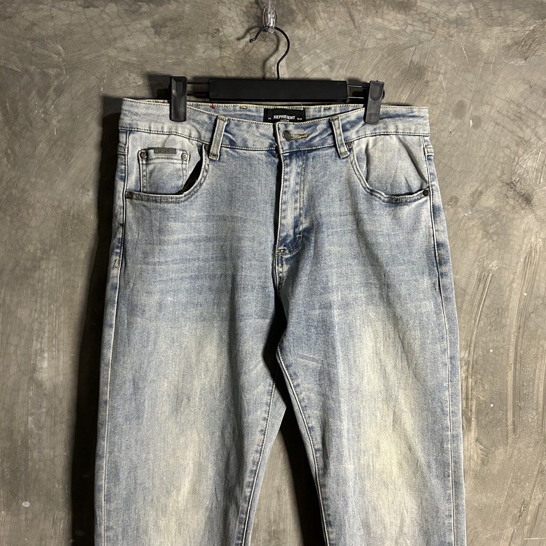 Represent - Light Washed Denim Pants (Category: Jeans) located in Tayabas. Submitted by streetdepartment (Listing ID 1460900609, Image 2). Description: Represent - Light Washed Denim Pants Measurements (inches): Waist: 32” Length: 40” Leg opening: 7” Tagged as 32 Very good condition Flaw/s: stains.