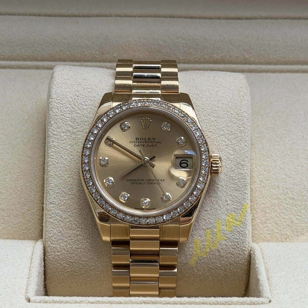 Rolex Datejust 31mm Solid Yellow Gold (Category: Luxury Watches) located in Quezon City. Submitted by aylahphia (Listing ID 1460895677, Image 1). Description: Rolex Datejust 31mm Ref. 178288 Solid Yellow Gold Approx. 2016-2018 Factory Diamond Bezel Factory Diamond Markers 20 links 9.5/10 Current SRP approx. 3.2m Only 1 in local second hand market Rare pc. With box only Willing to authenticate 🚨🚨🚨Selling for only 1.480m.