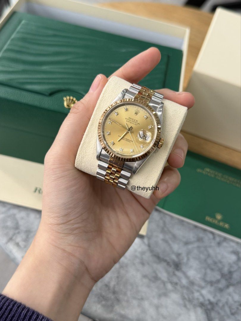 Rolex Oyster Perpetual Datejust (Category: Luxury Watches) located in Makati City. Submitted by theyuhh (Listing ID 1460789707, Image 3). Description: For sale! Never not biased for a two tone watch, especially for Rolex. This is their quintessential model for me :) Rolex OP Datejust 36mm Ref 16233G Year 1990 Champagne diamond dial Two tone 18-karat gold Jubilee bracelet Double box Booklet Tags Extra links Strictly for meet ups only. Drink your w