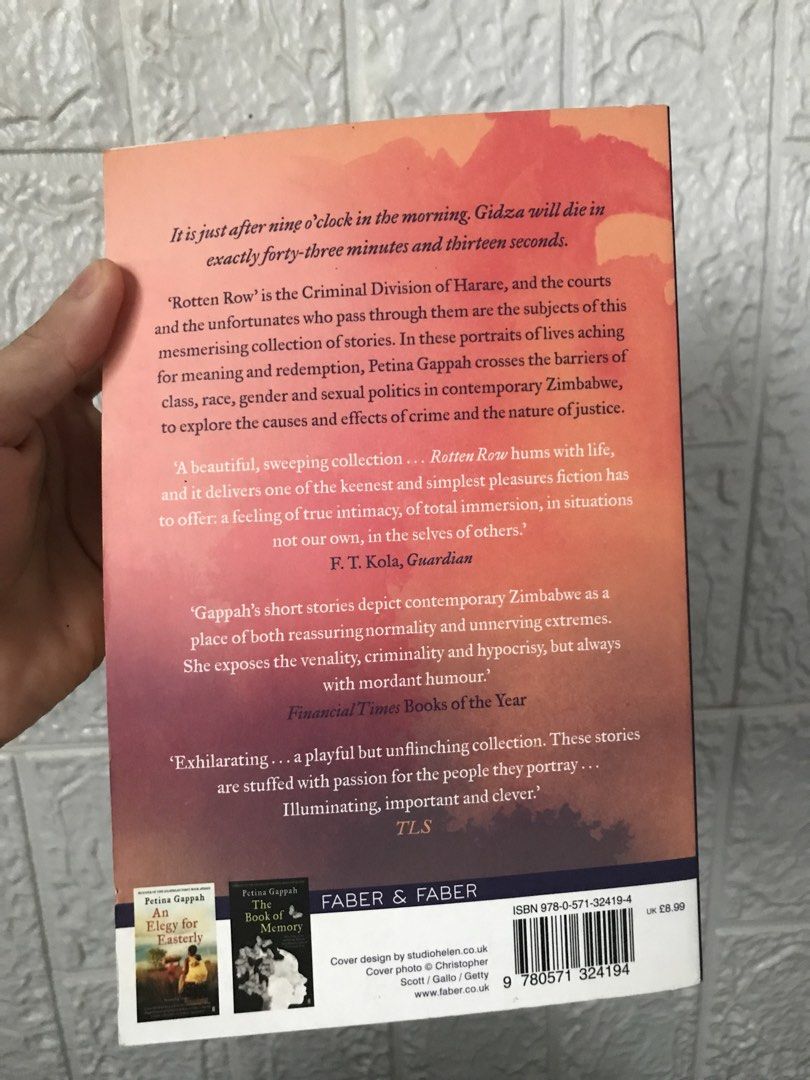 Rotten Row by Petina Gappah (Category: Storybooks) located in Pilar. Submitted by dhelsomera20308 (Listing ID 1460737986, Image 3). Description: - Title: Rotten Row - Author: Petina Gappah - Setting: Contemporary Zimbabwe - Themes: Class, race, gender, justice - Acclaim: Praised by The Guardian and Financial Times - Publisher: Faber & Faber - Genre: Literary Fiction.